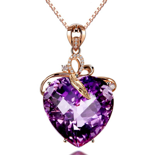 饰品奢华心形紫水晶吊坠扣头镀18k金彩色(金彩色，)宝石合成紫晶锁髓项链女