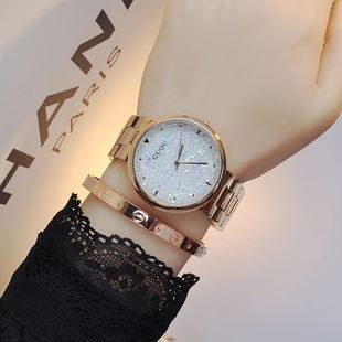 士手表满水钻玫瑰合金表带个性潮流女时尚圆形石英白色面国产腕表