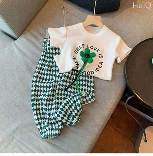 棉女童套装洋气2023夏季中童短袖T恤两件套女宝宝防蚊裤子潮