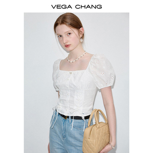 vegachang白色衬衫女2024年夏季法式方领提花，缕空短袖上衣