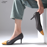 上脚效果惊艳 设计师欧式定制软牛皮复古色调拼色细高跟鞋KAKA特