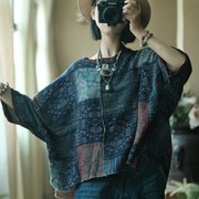 中国风复古文艺数码印花纯棉，蜡染风圆领毛边蝙蝠，袖t恤上衣慵懒女