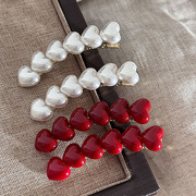 红豆珍珠发夹甜美红色爱心一字发夹小众设计八字刘海夹边夹鸭嘴夹