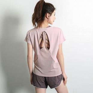 网纱纯色上衣女士宽松速干衣跑步罩衫，短袖健身t恤夏季露背瑜伽服