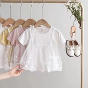 童装夏装2023韩版女童假两件短袖t恤婴儿上衣女，宝宝蕾丝打底衫潮
