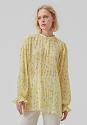 丹麦小众设计师 早春款鹅黄色百褶皱雪纺印花宽松长袖上衣衬衫