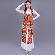新疆舞蹈红色长马甲女艾德莱丝修身款维吾族马夹，夏季演出维族服装