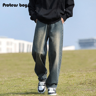 proteusboy牛仔裤男款春秋冬季加绒复古男士，做旧宽松直筒休闲裤子