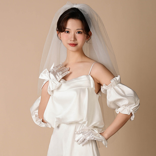 缎面新娘婚纱手套袖套遮手臂，套结婚晚礼服配饰，短款高级感白色黑色