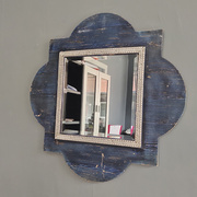 欧式浴室镜实木装饰镜复古蓝色化妆镜地中海梳妆镜子画框美式卫浴