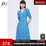 hs奥莱蓝色碎花连衣裙，2023夏季女装，收腰法式v领茶歇裙雪纺裙