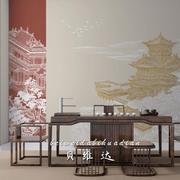 现代新中式山水楼阁客厅沙发背景墙纸壁画书房茶室壁纸古建筑墙布