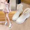 白色珍珠流苏甜美气质风短靴，2024年时尚秋冬季粗跟高跟鞋子