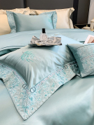 欧式轻奢140支柔丝棉纯棉床盖四件套简约刺绣被套蓝色1.8米床上用