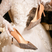 羊皮单鞋2023年秋季百搭水钻水晶高跟鞋女细跟婚鞋新娘鞋子