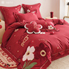 法式浪漫花卉结婚床单四件套，全棉纯棉100s喜被大红色婚庆床上用品