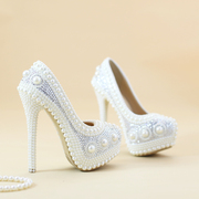 婚鞋白色珍珠鞋圆头晚礼服婚纱鞋新娘结婚高跟鞋细跟防水台鞋子女