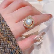 冬日暖阳珍珠戒指纯银带钻奥地利正圆无暇强亮光开口调节个性精致