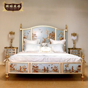 欧式1.8米中小户型双人床中式新古典别墅浅蓝色金银箔手绘实木床