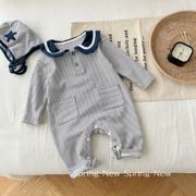送帽子婴儿条纹连体衣，0-2岁春季韩国童装宝宝时尚，海军领哈衣al287