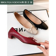 bb古韩国牛皮女鞋，2024浅口羊皮小粗跟低跟蝴蝶结红复古芭蕾舞单鞋