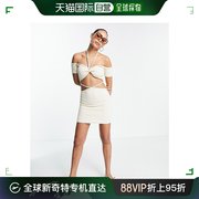 香港直邮潮奢asos女士设计褶皱，挂脖剪口迷你低腰连衣裙(奶油色)