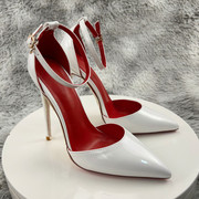 白色漆皮包头一字网红拍照尖头高跟鞋细跟系带女性感浅口凉鞋12cm