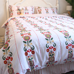 美式田园简约花卉活性印花床单床笠式床上用品四件套全棉纯棉被套