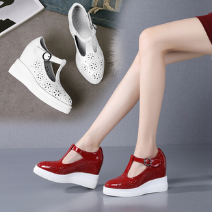 红色内增高10cm女鞋夏季镂空漆皮包头凉鞋坡跟轻便百搭厚底高跟鞋