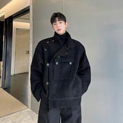 冬季韩国立领加厚羊羔毛外套(毛外套，)男小众斜扣大口袋，设计感痞帅廓形风衣