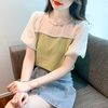 2024夏季韩版圆领泡泡袖珍珠，拼接蕾丝衫雪纺衫甜美短袖