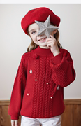 2023秋冬星星拜年童装女童绞花毛衣，针织衫套头红色新年圣诞衣服潮