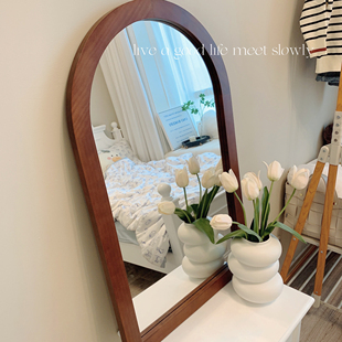 复古卧室化妆镜北欧卫生间，装饰梳妆台木质镜子，实木挂镜法式浴室镜