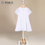 poka童装夏季女童裙子花朵，蕾丝雪纺裙儿童，裙白色甜美女孩连衣裙