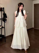 中式度假白色假两件裙子，宽松假两件纯色，连衣裙圆领无袖遮肉背心裙