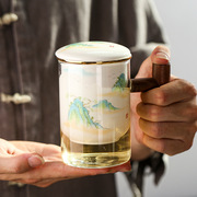 木把柄玻璃茶水分离水杯陶瓷过滤办公个人杯带盖大容量个人泡茶杯