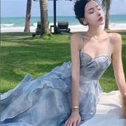 法式高级感蓝色吊带连衣裙，女海边度假沙滩长裙绝美雪纺仙女裙裙子