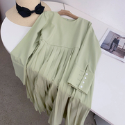 绿色圆领套头长袖连衣裙春季宽松皱褶长裙B∮16琳0418