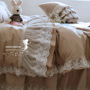 게으른휴가︱欧美韩版格瑞丝卡其色蕾丝全棉被罩床上用品四件套