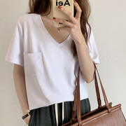V领口袋纯色短袖T恤女2023夏季韩版宽松半袖纯棉白色休闲体恤