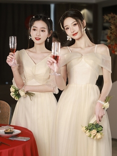 2024伴娘服香槟色高级姐妹团长，款显瘦平时可穿仙气晚礼服裙女