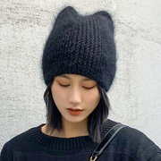 兔毛护耳针织帽子女士秋冬韩版可爱猫耳朵，套头帽毛线帽月子帽保暖