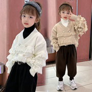 女童假两件毛衣套装秋冬季小女孩设计感流苏毛线上衣牛仔裤两件套