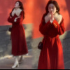 韩版千金红色战袍毛呢外套连衣裙，女春秋季中长款毛领大衣显瘦网红