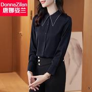 黑色雪纺衬衫女设计感小众，春秋韩版时尚气质缎面职业衬衣