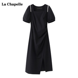 拉夏贝尔lachapelle法式方领开叉，连衣裙夏季修身收腰黑色礼服裙