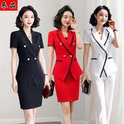 红色职业装套装女2020夏季韩版酒店美容院时尚，西服短袖工作服