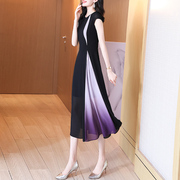 黑色长款连衣裙收腰女紫色，拼接气质修身显瘦2022夏大摆长裙子