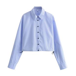 欧美风短款蓝色细条纹长袖衬衫宽松大码高腰短款露腰抽绳休闲衬衣