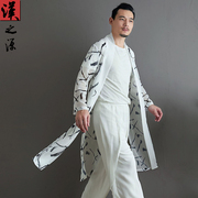 中国风雪纺中长款男士印花风衣外套夏季长衫防晒衫开衫长袖披风潮